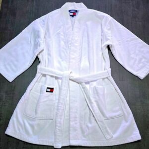 Tommy Hilfiger Women White Cotton Terry Cloth Bath Robe L/XL Logo Belted
